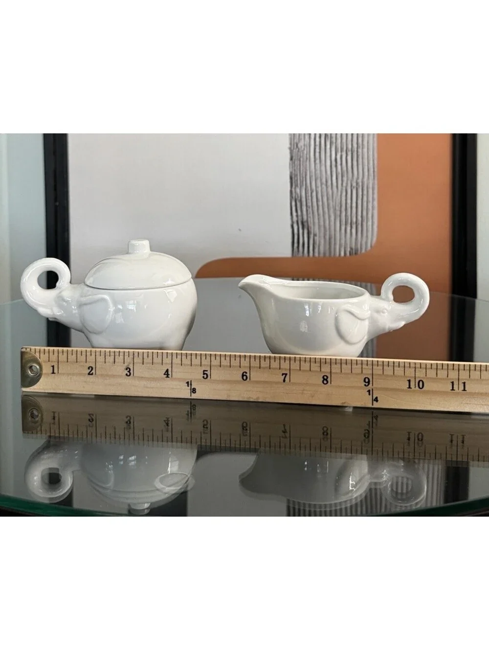 Pier 1 Elephant Creamer & Sugar Bowl Set with Lid Trunks Up White Elephant Gift